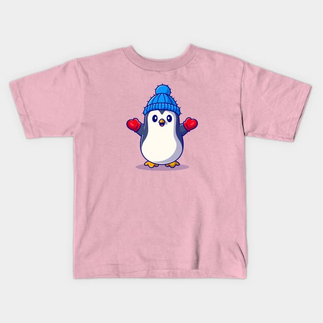 Cute Penguin Wearing Glove and hat Cartoon Kids T-Shirt by Catalyst Labs